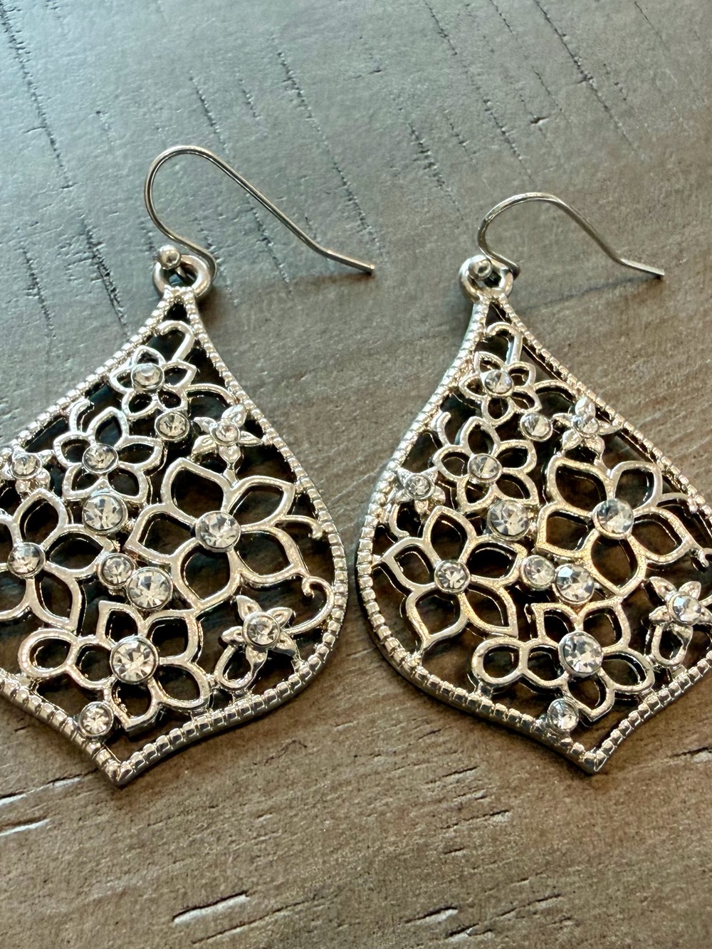 Silver Floral Filigree Drop Earrings with Clear Crystals - Women Jewelry